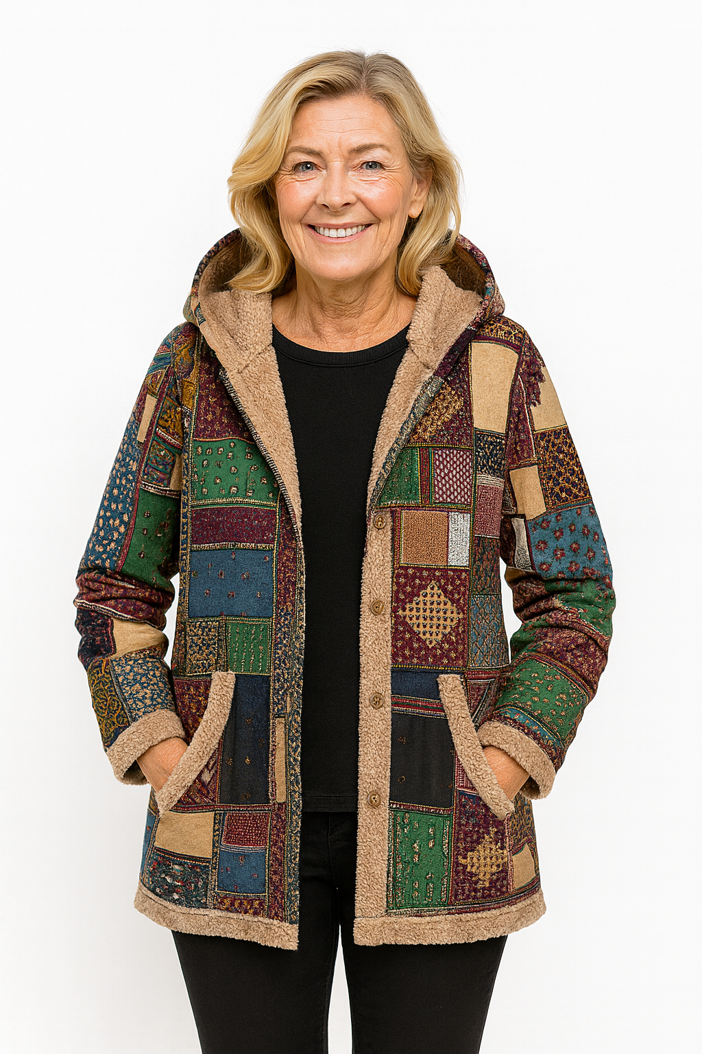 Bohemisk Patchworkjacka – Varm Fleecefoder & Unik Vintage Stil
