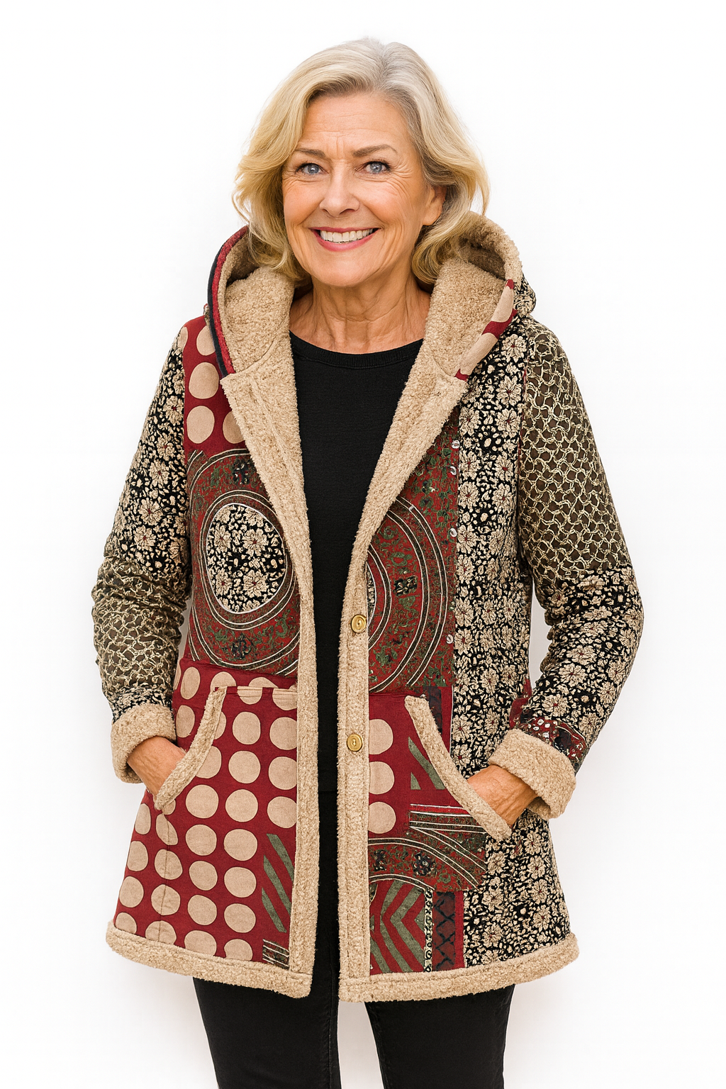 Bohemisk Patchworkjacka – Varm Fleecefoder & Unik Vintage Stil