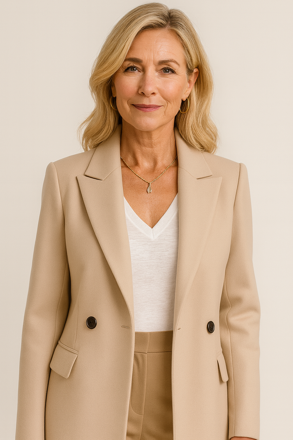 Lång Beige Damkappa – Elegant Trenchcoat Vinterjacka med Revers