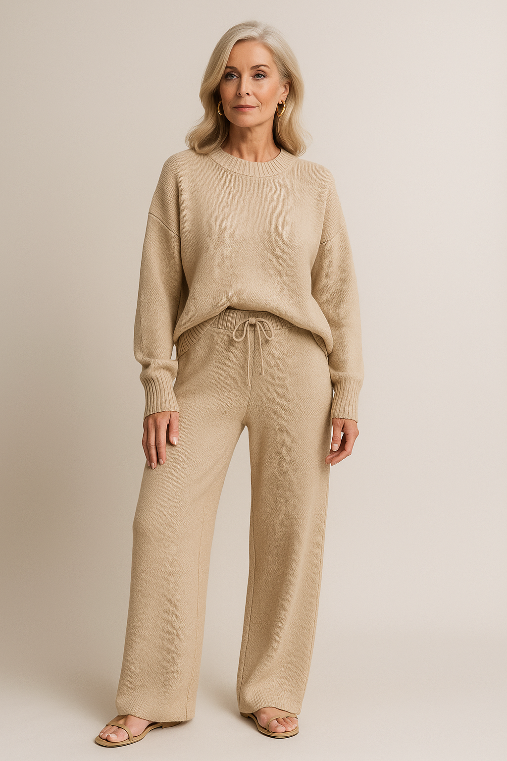 Dam Loungewear Set – Stickad Tvådelad Co-ord med Tröja & Vida Byxor