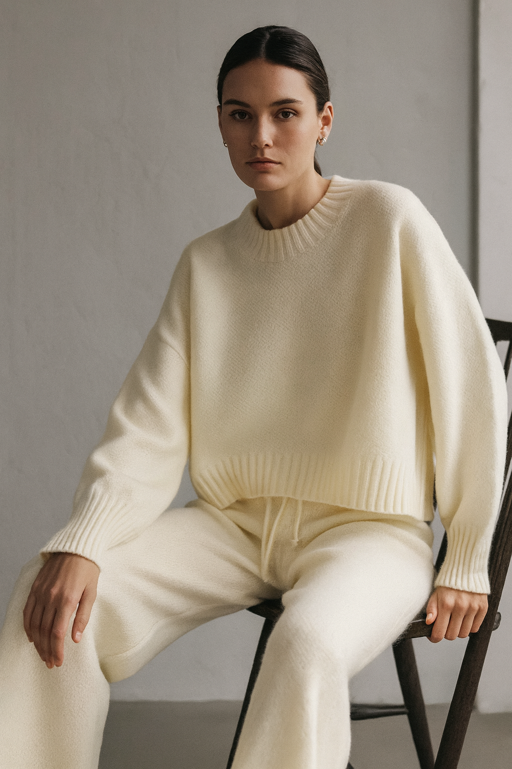 Dam Loungewear Set – Stickad Tvådelad Co-ord med Tröja & Vida Byxor