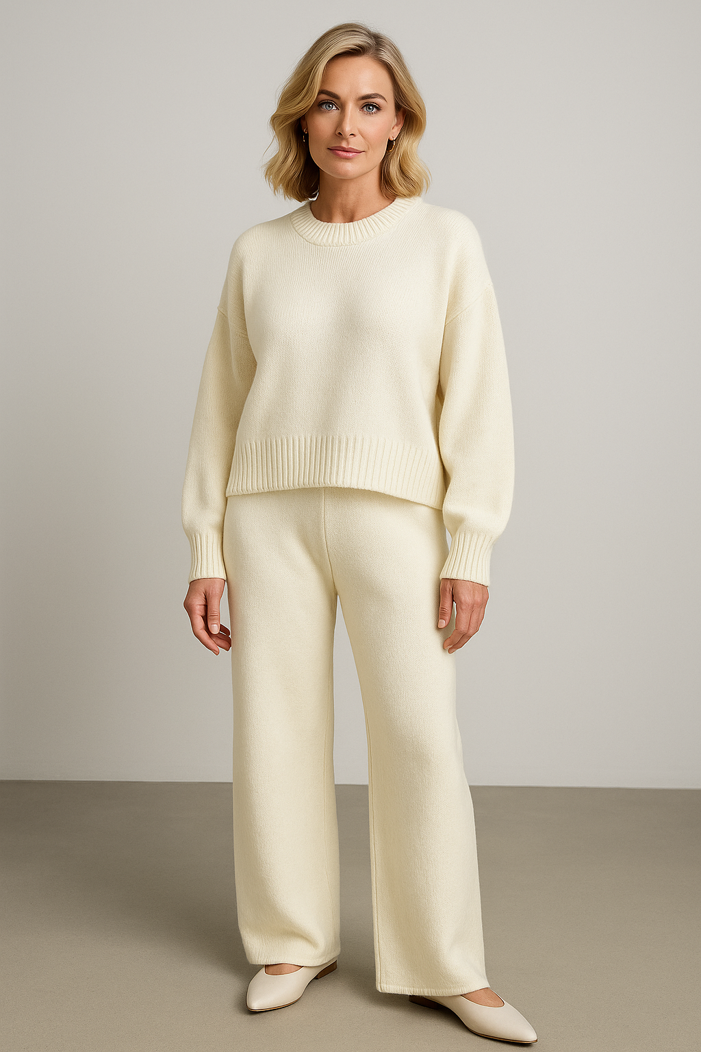 Dam Loungewear Set – Stickad Tvådelad Co-ord med Tröja & Vida Byxor