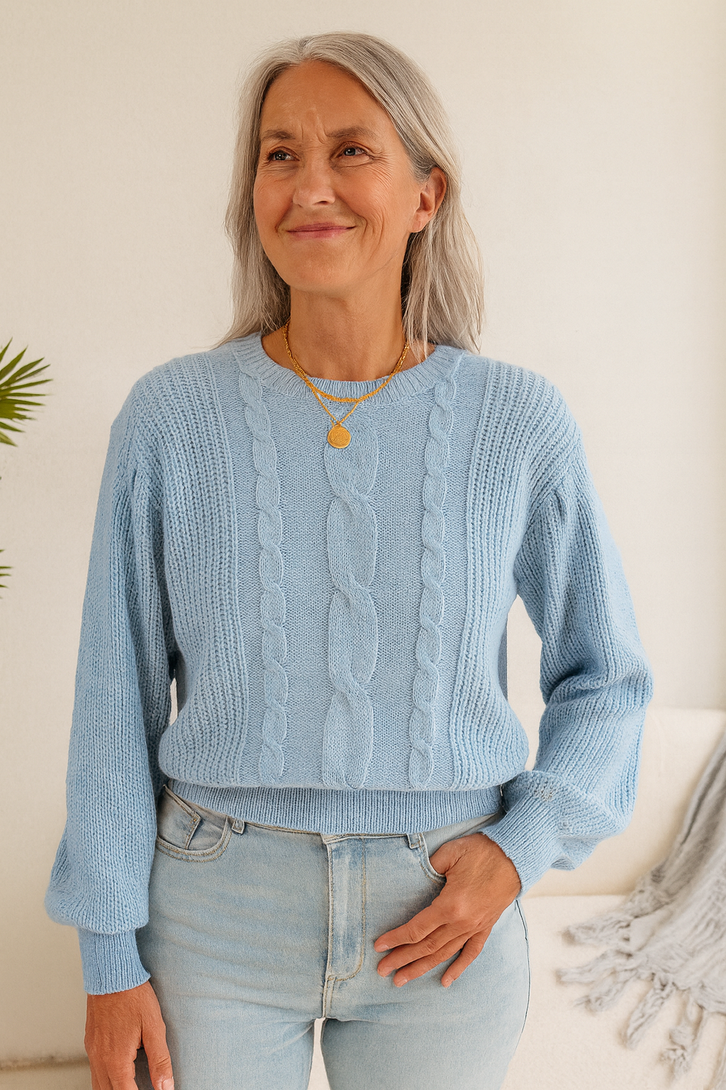 Stickad Flättröja med Ballongärmar