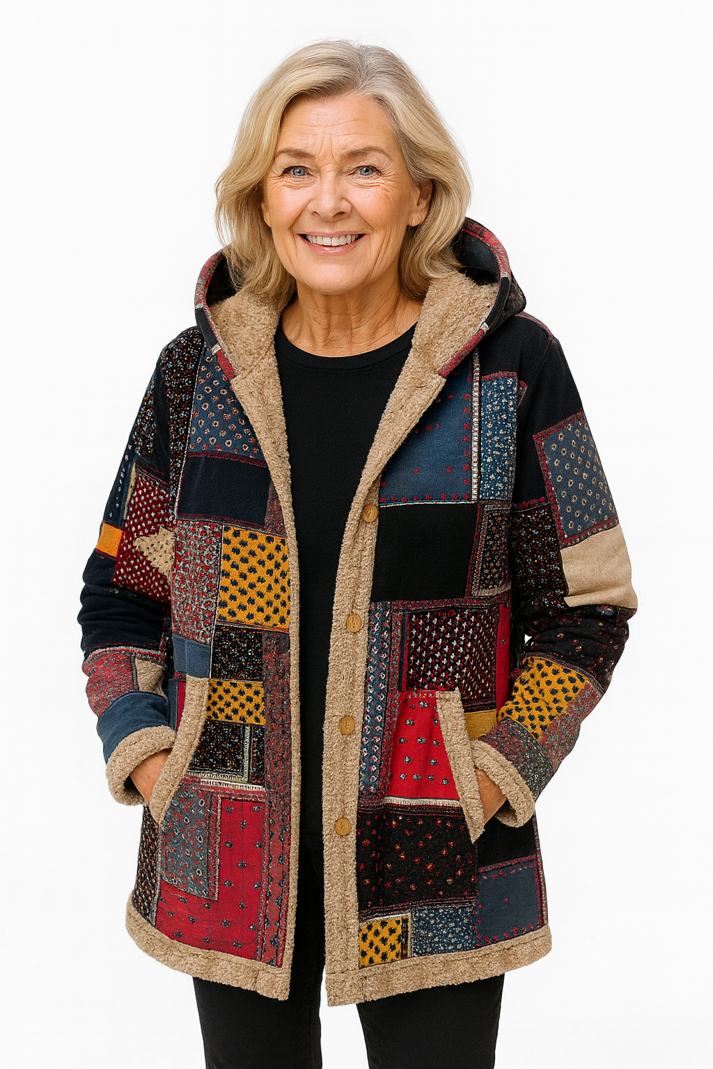 Bohemisk Patchworkjacka – Varm Fleecefoder & Unik Vintage Stil
