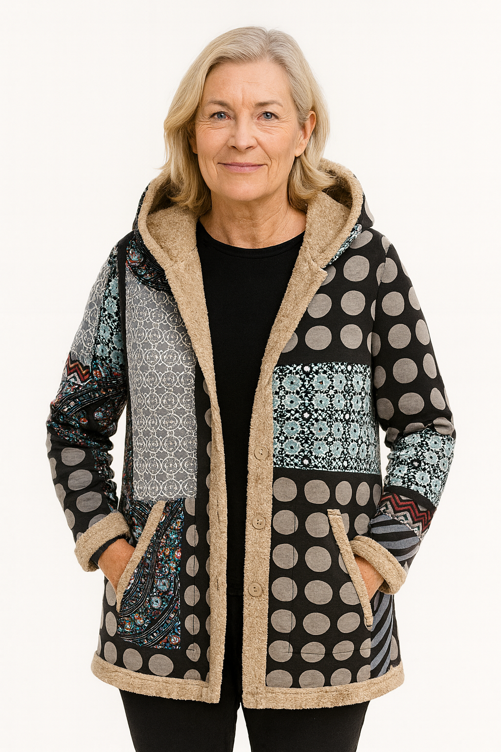 Bohemisk Patchworkjacka – Varm Fleecefoder & Unik Vintage Stil